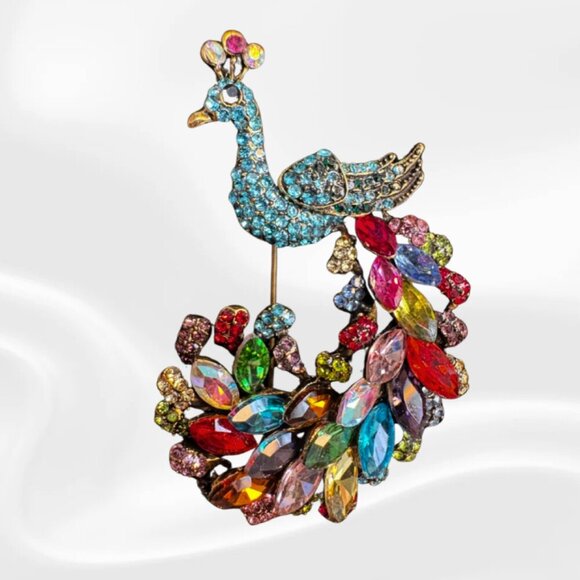 Colorful Rhinestone Peacock Brooch | Vintage Style Statement Pin - Picture 1 of 3